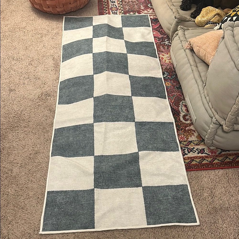 Ruggable Jaque Checkered Slate Green Rug Washable Rug Cover Runner 2.5’x7’